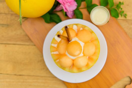 Melon Bingsoo with Sweetened Condensed Milk on wood table