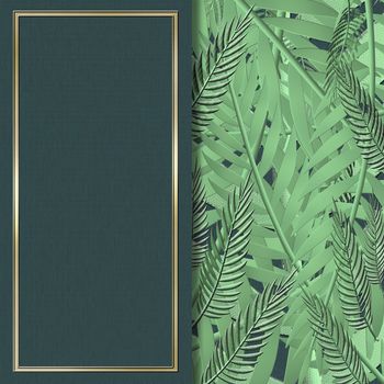Greenery greeting invitation card template design, of green tropical leaf on emerald green background and golden frame in 3D illustration. Place for text, mock up