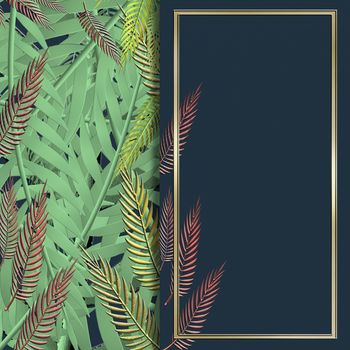 Abstract nature collage of green tropical plants with gold frame. Blue background for text. 3D illustration