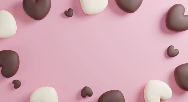 Chocolate hearts on pink paper background with copy space 3d render