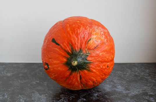 Orange pumpkin with a green tail on a white background . The concept of Halloween ,harvest,thanksgiving,vegetarianism.