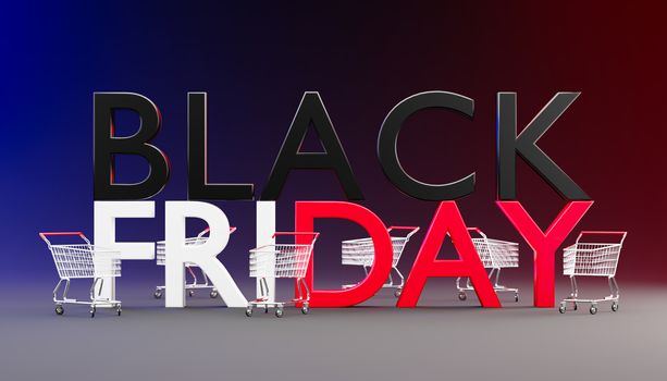 The word Black Friday is large on a dark background and has a shopping cart parked around it. Concept of shopping season on weekends of November every year. 3D rendering illustration.
