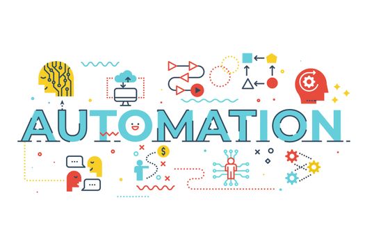 Automation word lettering illustration with icons for web banner, flyer, landing page, presentation, book cover, article, etc.