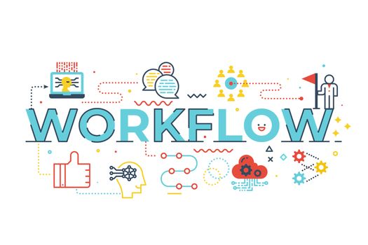 Workflow word lettering illustration with icons for web banner, flyer, landing page, presentation, book cover, article, etc.