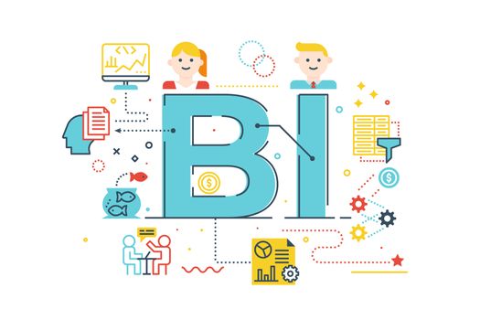 BI - Business Intelligence word lettering illustration with icons for web banner, flyer, landing page, presentation, book cover, article, etc.