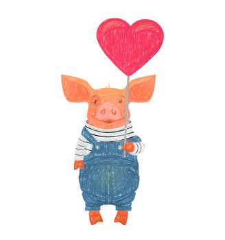 Cute pig holding heart . Cute animal. Heart sign illustration. Pig in overalls