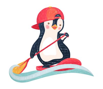 Penguin floating on SUP board. Paddle board. Penguin illustration