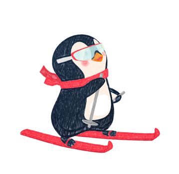 Penguin riding on skis on snow. Penguin cartoon illustration.