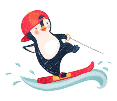 Penguin water skiing. Water sports and activities illustration