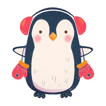 Penguin cartoon illustration. Christmas penguin with headphones