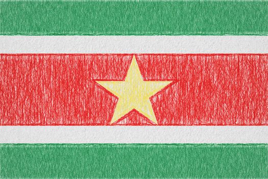 Suriname painted flag. Patriotic drawing on paper background. National flag of Suriname