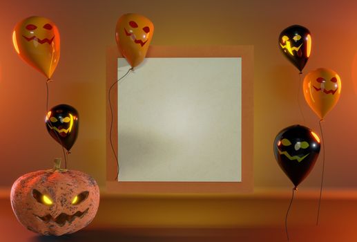 3d render illustration. holidays, decoration and party concept - scary Halloween. Black and orange balloons around a white board .  space for text