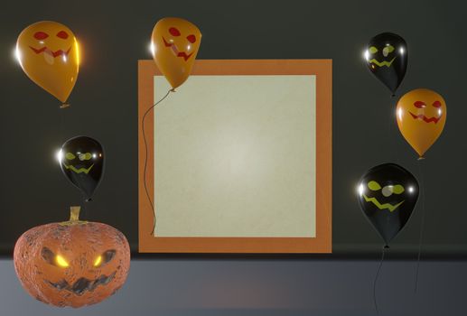 3d render illustration. holidays, decoration and party concept - scary Halloween. Black and orange balloons around a white board .  space for text