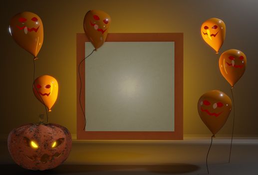 3d render illustration. holidays, decoration and party concept - scary Halloween. Black and orange balloons around a white board .  space for text