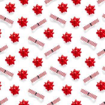 Seamless regular creative Christmas pattern with New Year decorations on white background. xmas Modern Seamless pattern made from christmas decorations. Photo quality pattern for fabric, prints, wallpapers, banners or creative design works.