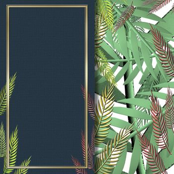 Abstract nature collage of green tropical plants with gold frame. Blue background for text. 3D illustration