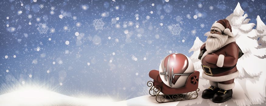 Christmas greetings in medicine Santa Claus rides a sleigh across a snow-covered field with a balloon with a heart pattern and an electrocardiogram. Banner, copy of the space. 3D rendering