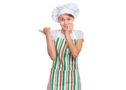 Teen girl in chef hat with emotions showing signs with hands, isolated on a white background.