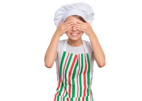 Cute girl in chef uniform isolated on white background covering eyes with hands