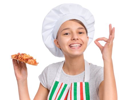 Girl cook in apron holds plate with fresh pizza, isolated on white background.