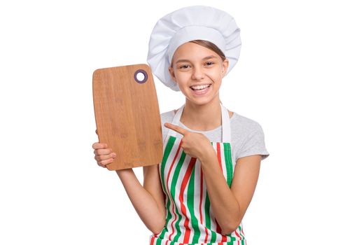 Cute girl in chef uniform isolated on white background showing menu blackboard and Perfect hand sign