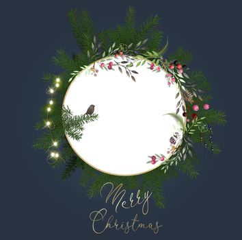 Floral Christmas card in 3D illustration. Elegant modern Christmas card, place for text.