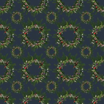 Christmas seamless pattern. Bright Christmas wreath on blue background in 3D illustration