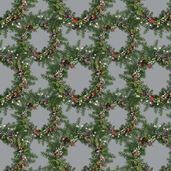 Merry Christmas happy new year luxury seamless pattern of realistic floral colourful Christmas wreath on grey background. 3D illustration