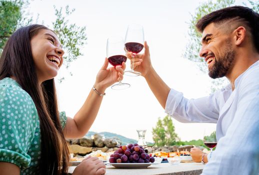 Caucasian long hair brunette young woman toasting outdoor with an attractive bearded man raising to the white sky their red wine glasses - Happy friends party moments celebrate on a table with grapes