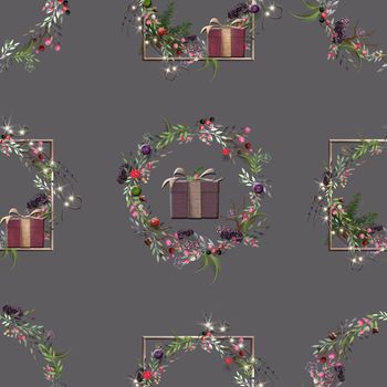 Elegant Christmas seamless pattern in 3D illustration. Christmas wreath, gift box on pastel background for Christmas holiday season design