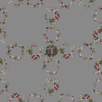 Luxury elegant design for Christmas seamless pattern in 3D illustration. Realistc floral wreath, gift box, Christmas fir on pastel background