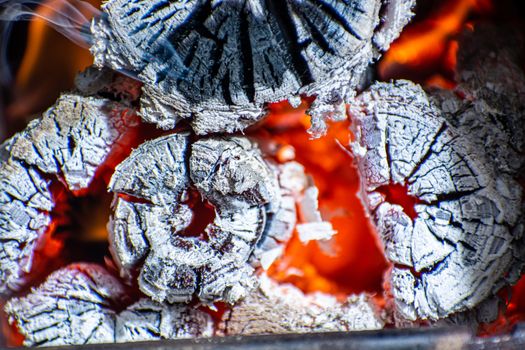 Close-up of fire in the old wooden stove. Wood logs in fire