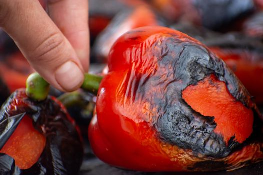 Red peppers roasting on a wood-fired stove in preparation for making ajvar, a traditional serbian dish