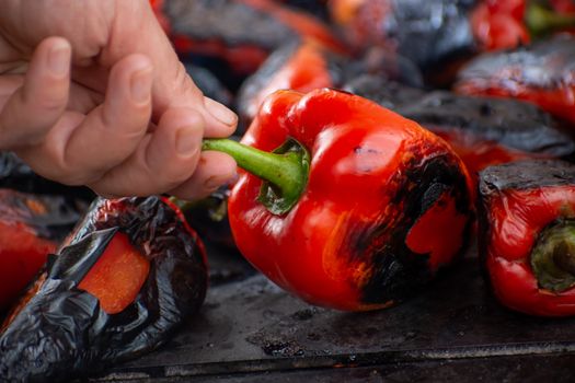 Red peppers roasting on a wood-fired stove in preparation for making ajvar, a traditional serbian dish