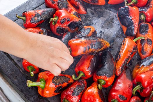 Red peppers roasting on a wood-fired stove in preparation for making ajvar, a traditional serbian dish