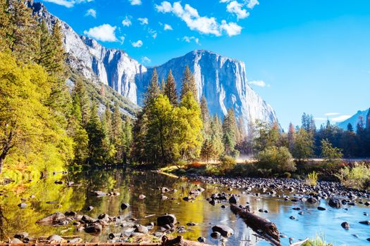 The view from within Yosemite Valley and Northside Drive of surrounding rock faces on a sunny autumn morning in California, USA