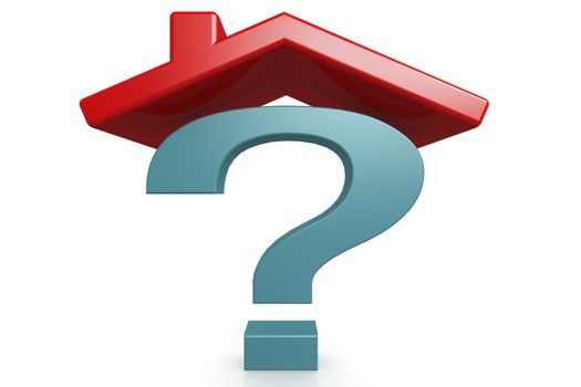 Question mark under the red house roof on white background, 3D rendering