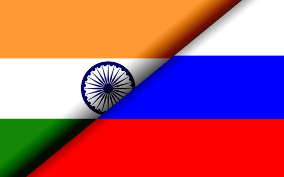Flags of the India and Russia divided diagonally. 3D rendering