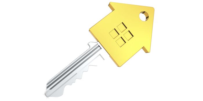 Golden house key isolated with white background, 3D rendering