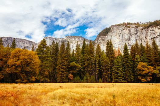 The view from within Yosemite Valley of surrounding rock faces on a stormy day in California, USA