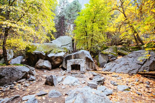 The landscape of Camp Curry in Yosemite Valley on a stormy day in California, USA