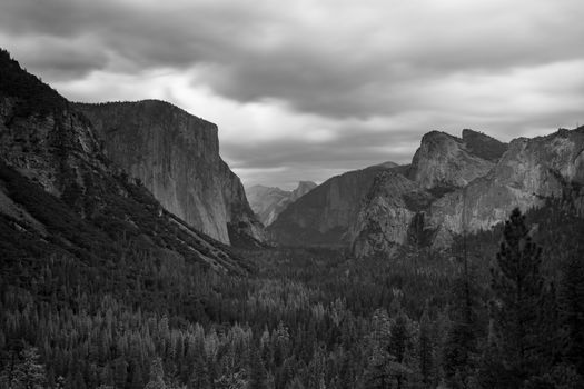 The iconic view of Yosemite Valley and the magnificent El Capitan in a storm from Tunnel View in California, USA