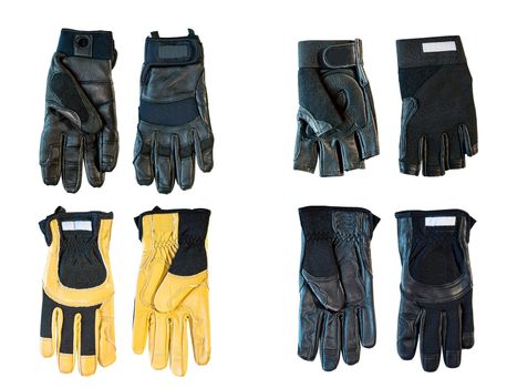 Group of collection leather gloves isolated on white background.