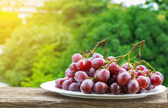 Purple grapes in a dish on the wood floor with the green nature and sunlight background.