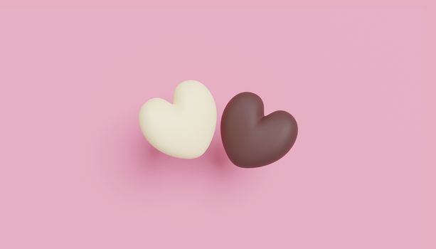 Love concept design of chocolate hearts on pink paper background with copy space 3d render