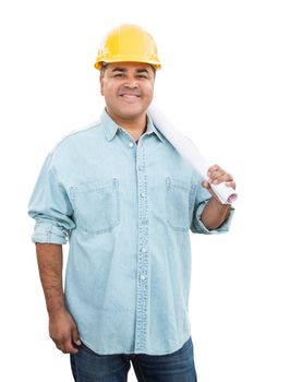 Hispanic Male Contractor In Hard Hat with Blueprint Plans Isolated on a White Background.