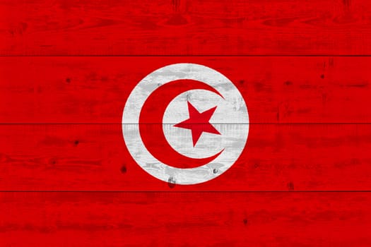 Tunisia flag painted on old wood plank. Patriotic background. National flag of Tunisia