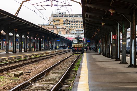 Changes and complications caused by coronavirus COVID-19 virus, world without crowds, empty train platform. No commuters, no travelers at the North Railway Station in Bucharest, Romania, 2020