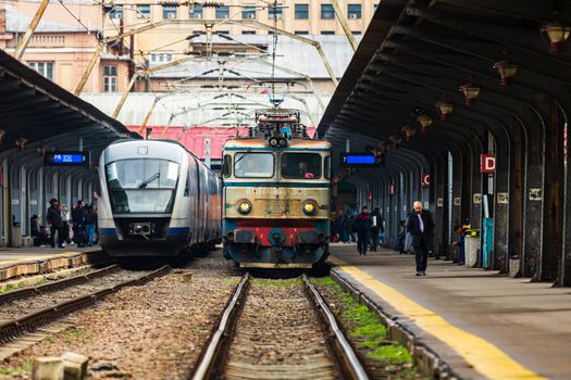 Changes and complications caused by coronavirus COVID-19 virus, world without crowds, empty train platform. No commuters, no travelers at the North Railway Station in Bucharest, Romania, 2020