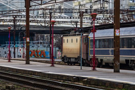 Changes and complications caused by coronavirus COVID-19 virus, world without crowds, empty train platform. No commuters, no travelers at the North Railway Station in Bucharest, Romania, 2020